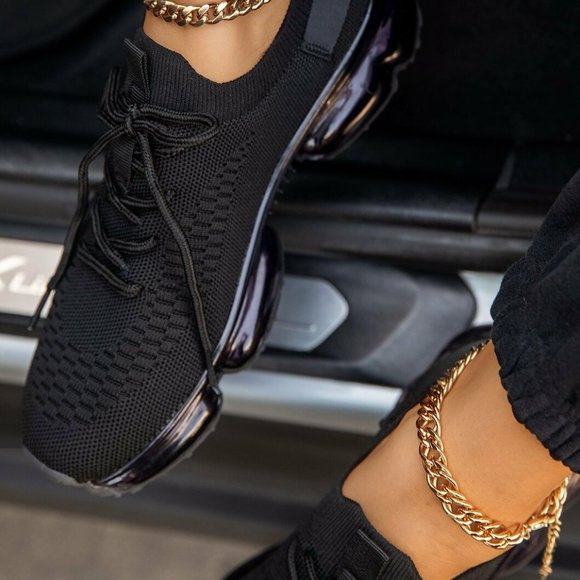 NEW Black   Lace-Up Knitted Bubble Sneaker - Picture 2 of 5